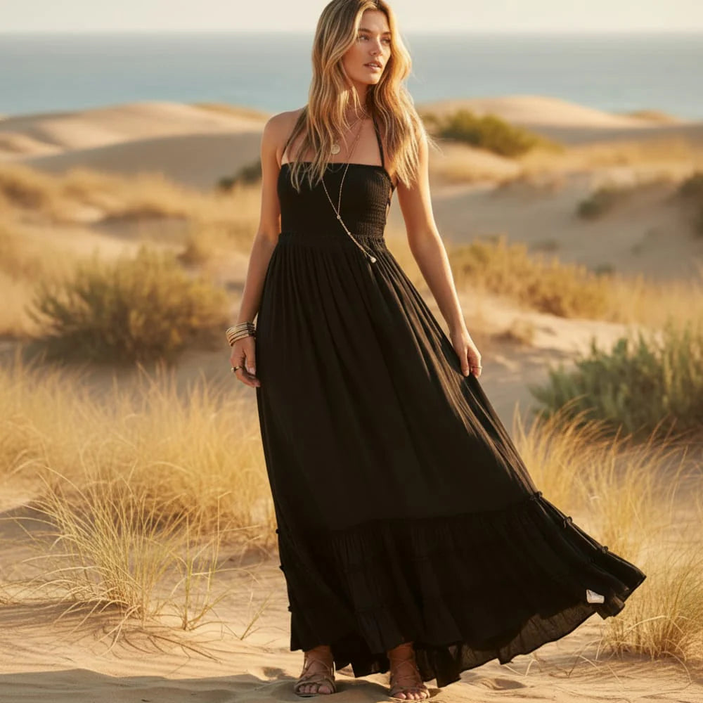 Yvonne | Women's Halter Neck Backless Ruffle Flowy Maxi Dress